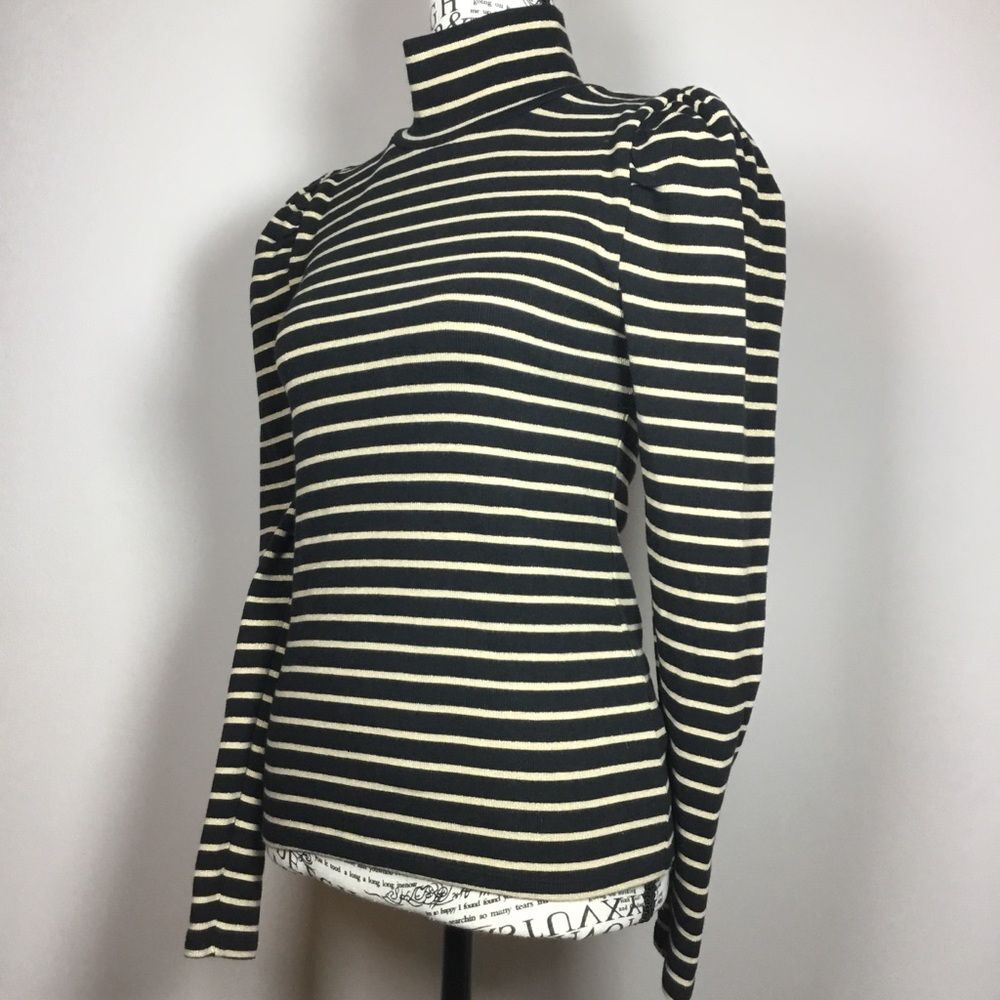 Puff sleeve high neck black gold striped sweater top elegant fancy party sz S - Picture 7 of 8